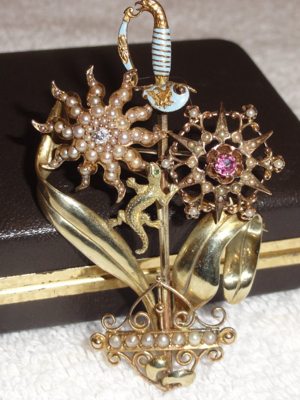 Antique 14k Gold Sword Pin w/ Diamond, Emeralds, Button Pearls & Tourmaline 1900